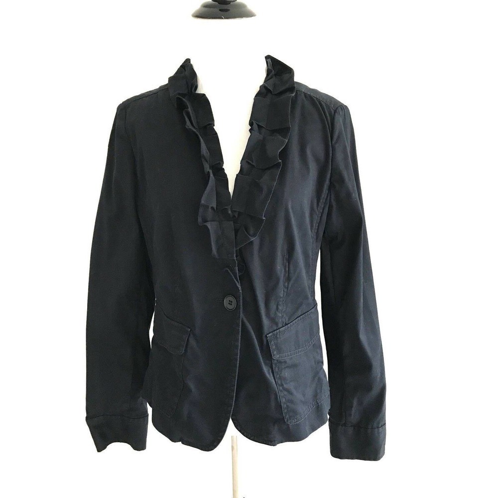 Talbots | Ruffle One button V-neck Jacket Size 6 Cotton Long Sleeve Black